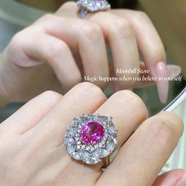S925 Silver Lab-Created Pink Sapphire Ring | 3 Carat Oval Cut Women’s Ring - Image 3