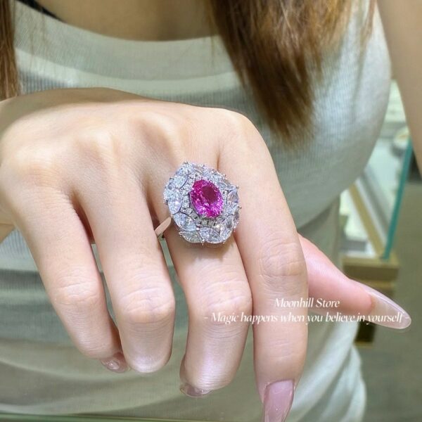 S925 Silver Lab-Created Pink Sapphire Ring | 3 Carat Oval Cut Women’s Ring - Image 2