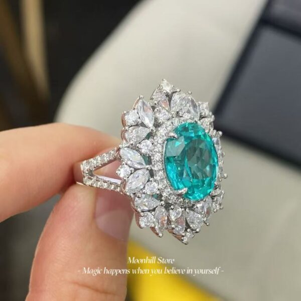 Lab-Created Paraiba Oval 6-Carat Ring – Elegant Luxury 925 Silver Gold-Plated - Image 3