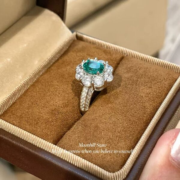 Vintage S925 Sterling Silver Oval 3-Carat Paraiba Sunflower Diamond Ring – European & American Style - Image 4