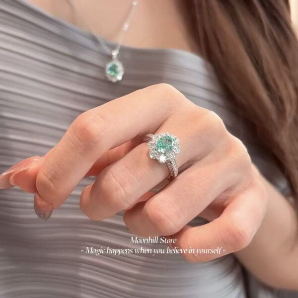 Vintage S925 Sterling Silver Oval 3-Carat Paraiba Sunflower Diamond Ring – European & American Style - Image 8