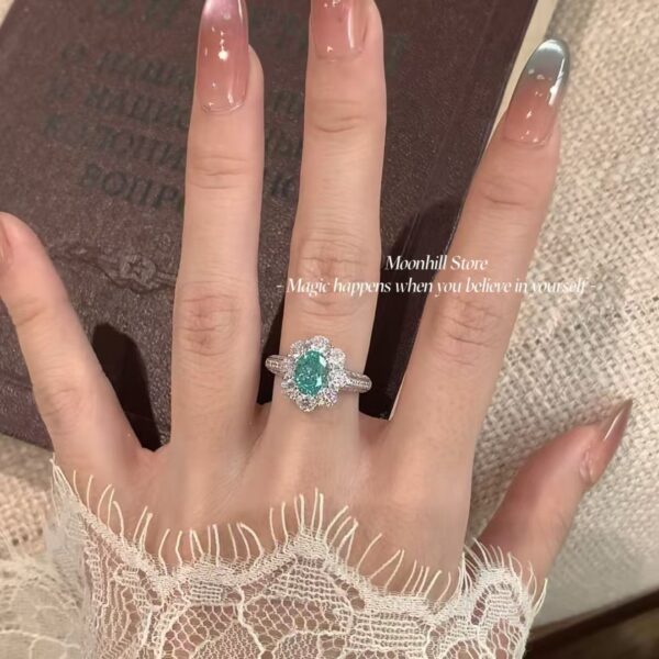 Vintage S925 Sterling Silver Oval 3-Carat Paraiba Sunflower Diamond Ring – European & American Style - Image 9