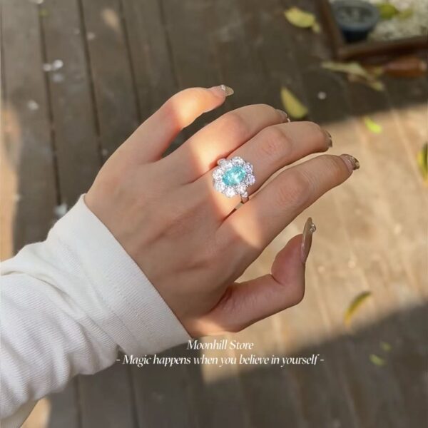 Vintage S925 Sterling Silver Oval 3-Carat Paraiba Sunflower Diamond Ring – European & American Style - Image 10